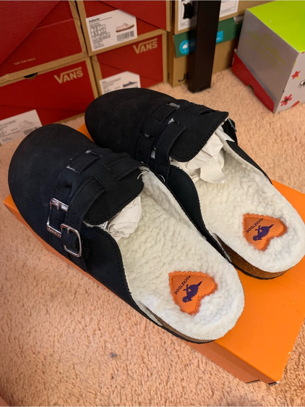 Rocketdog Black Suede Shearling-Lined Clog Mules